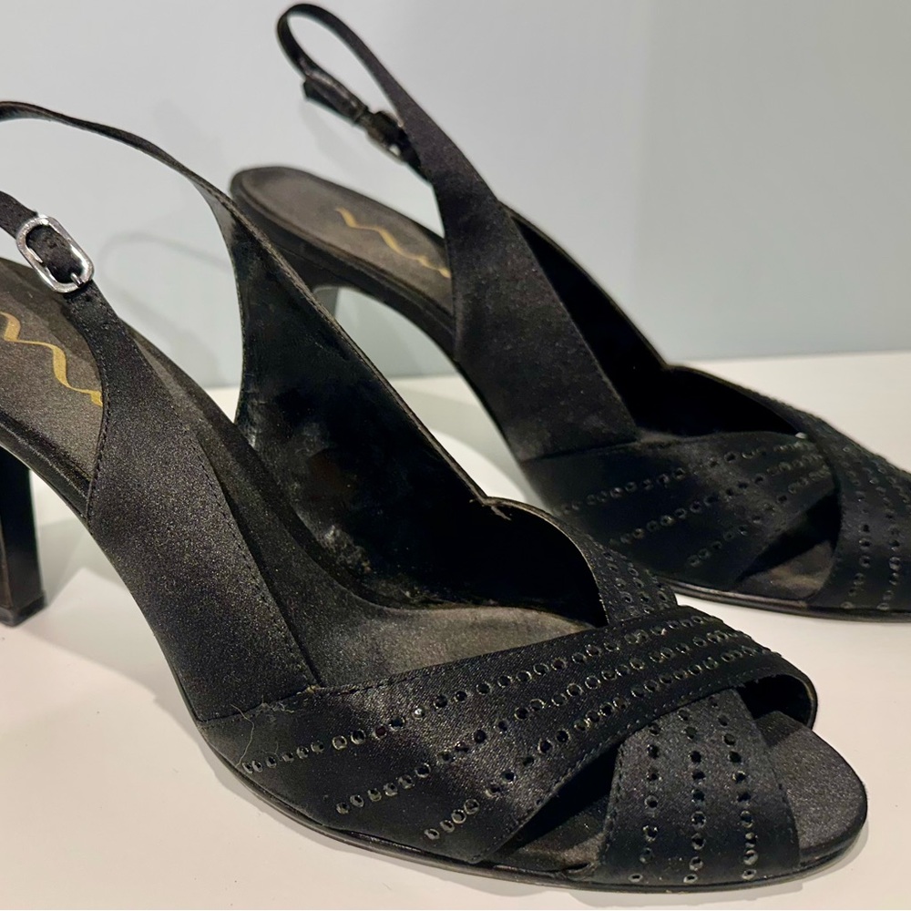 Nina Elegant Black Satin Slingback Heels with Studded Crisscross Straps - Picture 3 of 14